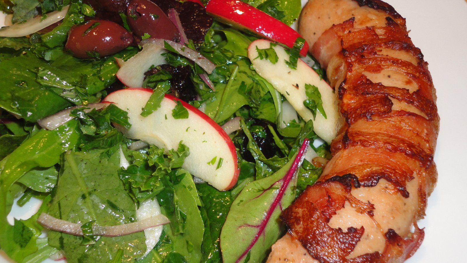 Recipe #3 | Bacon Wrapped Chicken Sausage With Apple Kale Salad