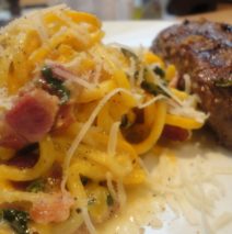 Recipe #73 | Yellow Zucchini Spaghetti With Bacon And Goat Cheese