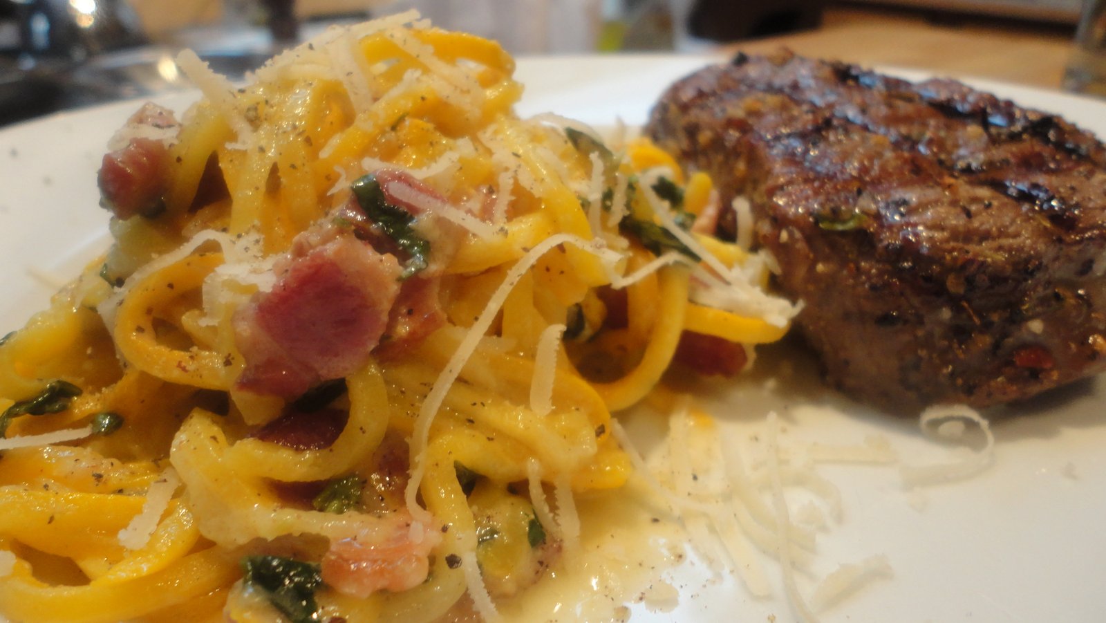 Recipe #73 | Yellow Zucchini Spaghetti With Bacon And Goat Cheese